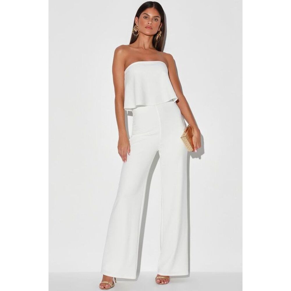 Lulus What Lovers Do White Strapless Wide-leg Jumpsuit - Size M